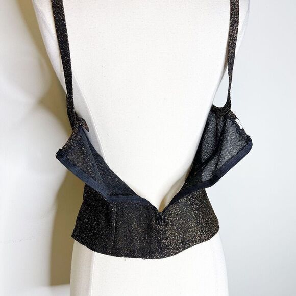 Vintage 80s XS/S Lurex Knit Tank Top Black Gold Strappy Crop Semi-Sheer Light - Picture 5 of 16